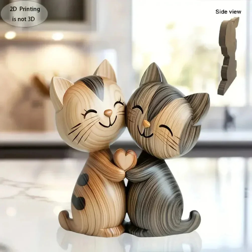 Wooden Kitten Couple Sculpture - 2D Flat Charming Design with Light & Dark Wood Grain, Desktop Entrance Decor for Cat Enthusiast