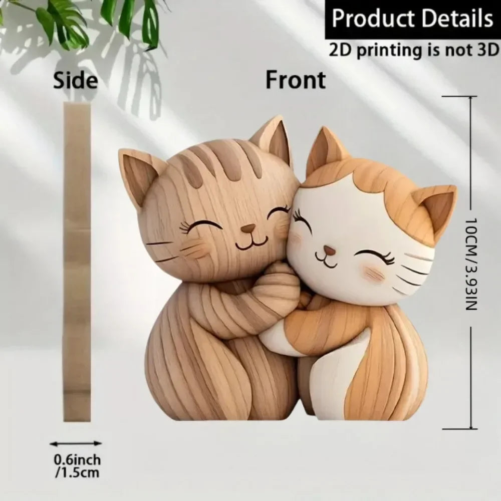 Wooden Kitten Couple Sculpture - 2D Flat Charming Design with Light & Dark Wood Grain, Desktop Entrance Decor for Cat Enthusiast
