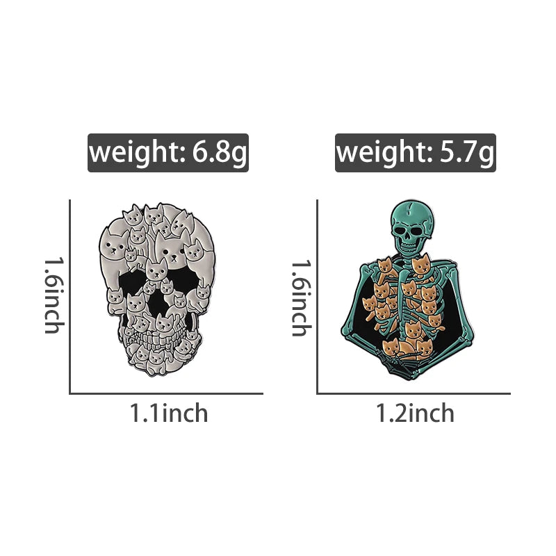 Skeleton Kitten Combination Enamel Pins Halloween Creepy Skull Cats Brooches Backpack Lapel Badge Punk Jewelry Gifts for Friends