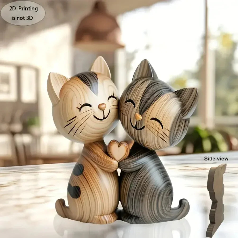 Wooden Kitten Couple Sculpture - 2D Flat Charming Design with Light & Dark Wood Grain, Desktop Entrance Decor for Cat Enthusiast