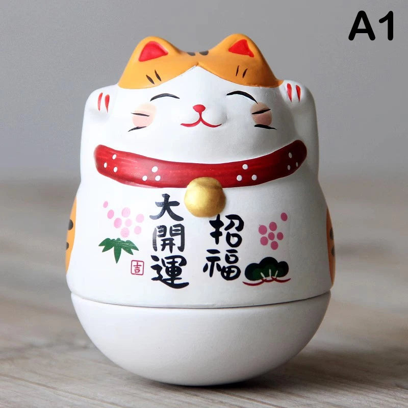 Japanese Ceramic Lucky Cat Tumbler Daruma Crafts Cartoon Lucky Cat Ornaments Landscape Home Decor Fortune Cat Statue Figurines