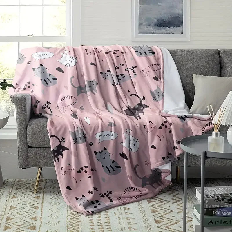 Cozy Cat Themed Flannel Blanket - Lightweight, Soft and Warm for Sofa, Travel, Bed - Perfect Gift for Family and Friends