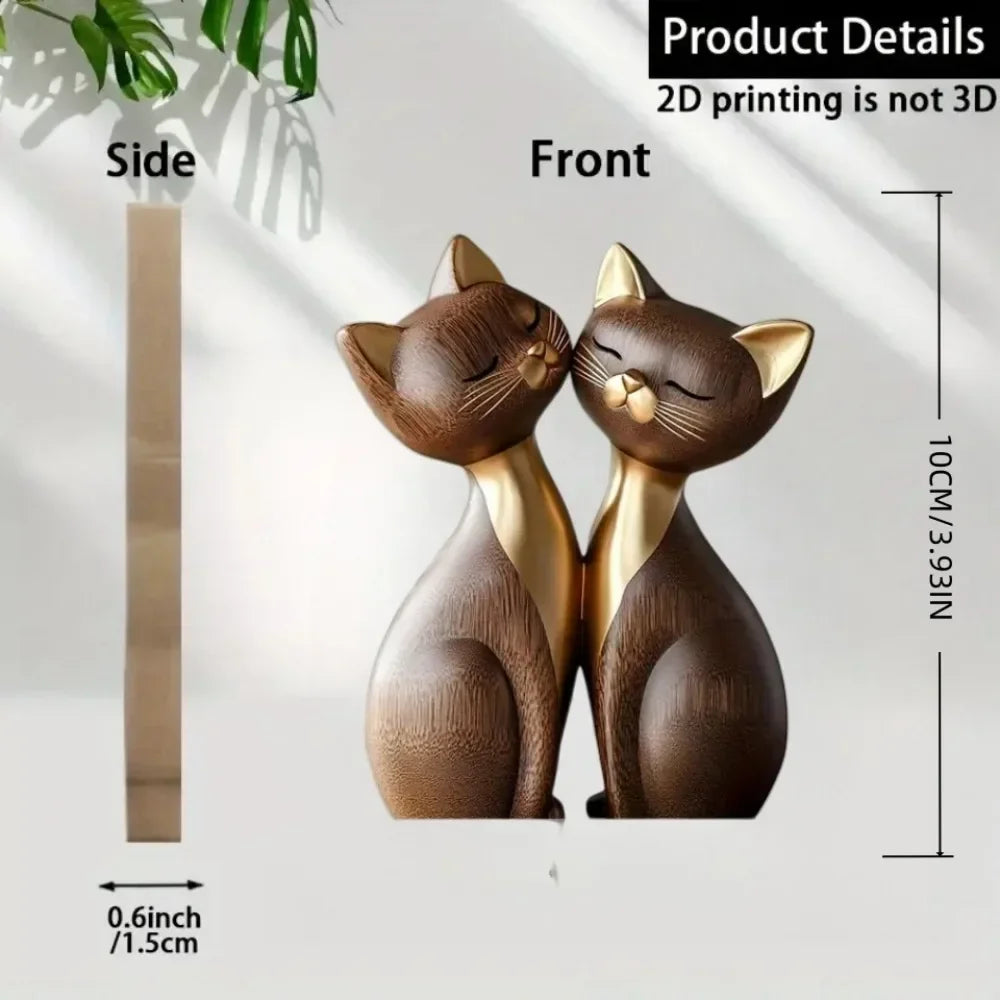 Wooden Kitten Couple Sculpture - 2D Flat Charming Design with Light & Dark Wood Grain, Desktop Entrance Decor for Cat Enthusiast