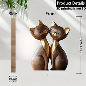 Wooden Kitten Couple Sculpture - 2D Flat Charming Design with Light & Dark Wood Grain, Desktop Entrance Decor for Cat Enthusiast