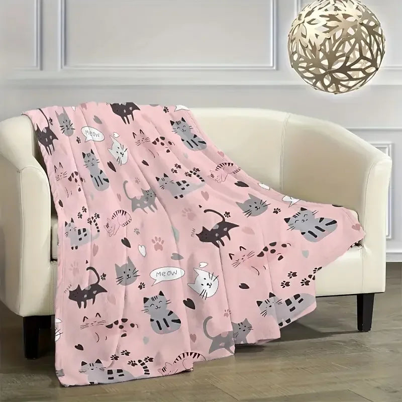 Cozy Cat Themed Flannel Blanket - Lightweight, Soft and Warm for Sofa, Travel, Bed - Perfect Gift for Family and Friends
