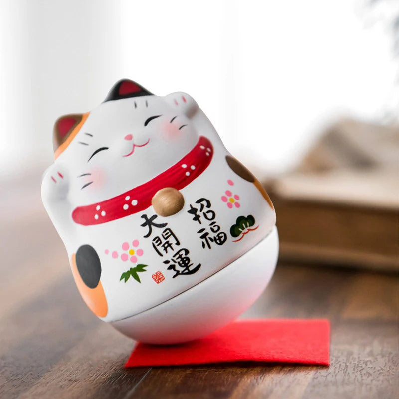 Japanese Ceramic Lucky Cat Tumbler Daruma Crafts Cartoon Lucky Cat Ornaments Landscape Home Decor Fortune Cat Statue Figurines