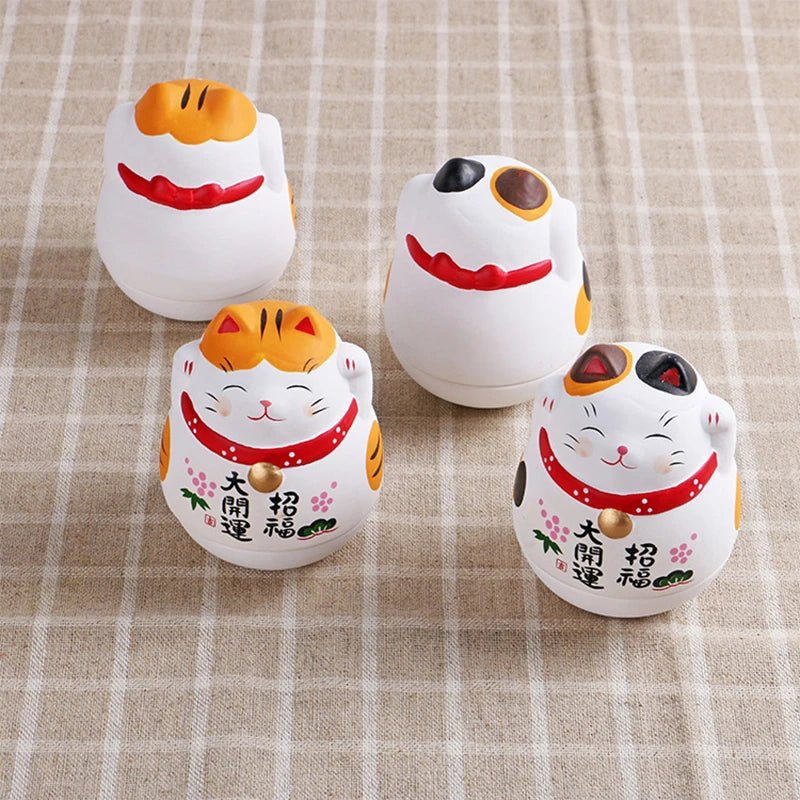 Japanese Ceramic Lucky Cat Tumbler Daruma Crafts Cartoon Lucky Cat Ornaments Landscape Home Decor Fortune Cat Statue Figurines