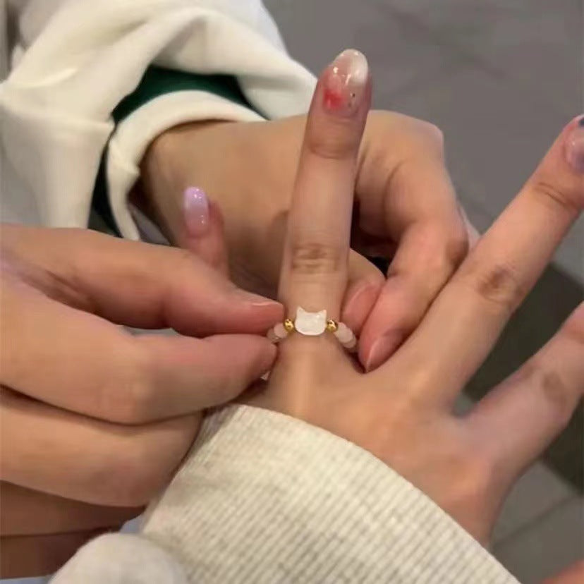Moonstone & Obsidian Cat Resizable Bead Rings