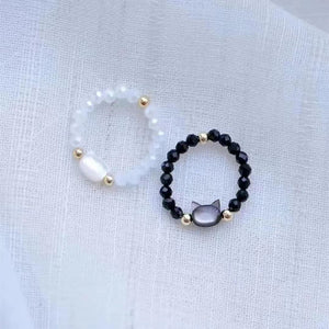 Moonstone & Obsidian Cat Resizable Bead Rings