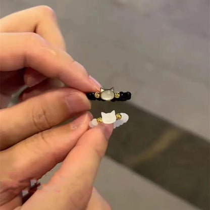 Moonstone & Obsidian Cat Resizable Bead Rings