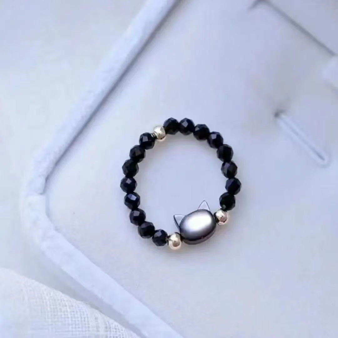 Moonstone & Obsidian Cat Resizable Bead Rings
