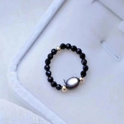 Moonstone & Obsidian Cat Resizable Bead Rings