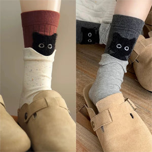 Autumn Winter Peekaboo Cat Cartoon Mid-Calf Socks Kawaii Cute Warm Socks Cotton Home Sleep Sock Soft Comfortable Daily Wear Gift