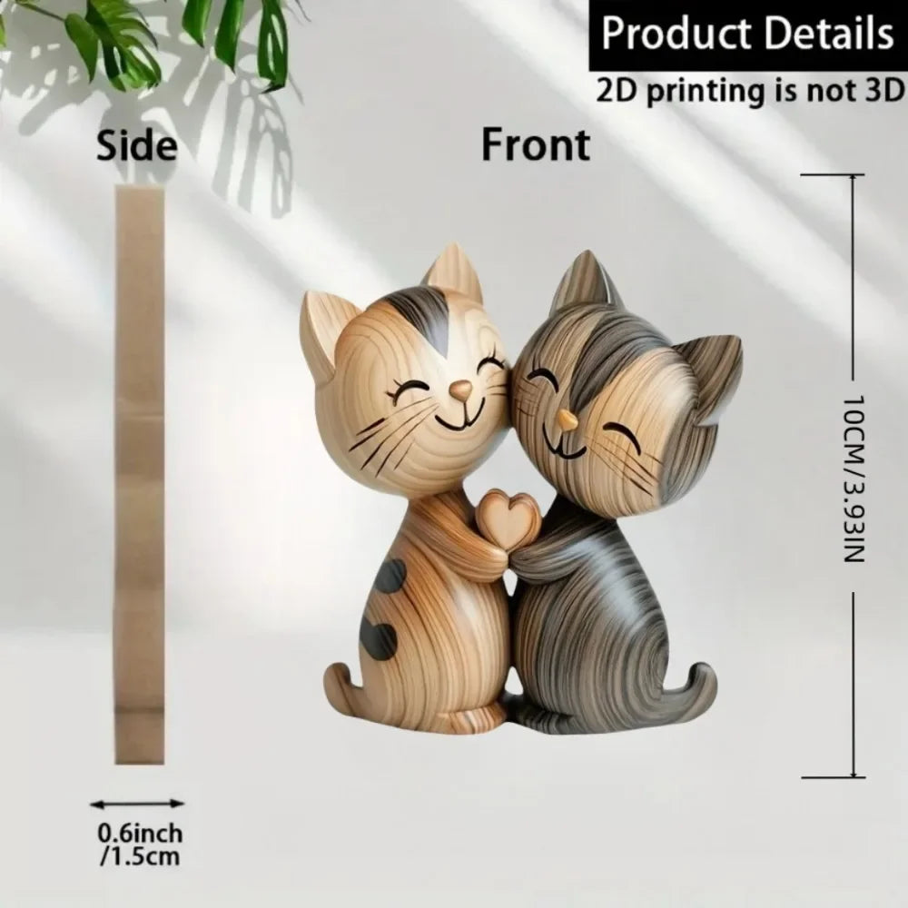 Wooden Kitten Couple Sculpture - 2D Flat Charming Design with Light & Dark Wood Grain, Desktop Entrance Decor for Cat Enthusiast