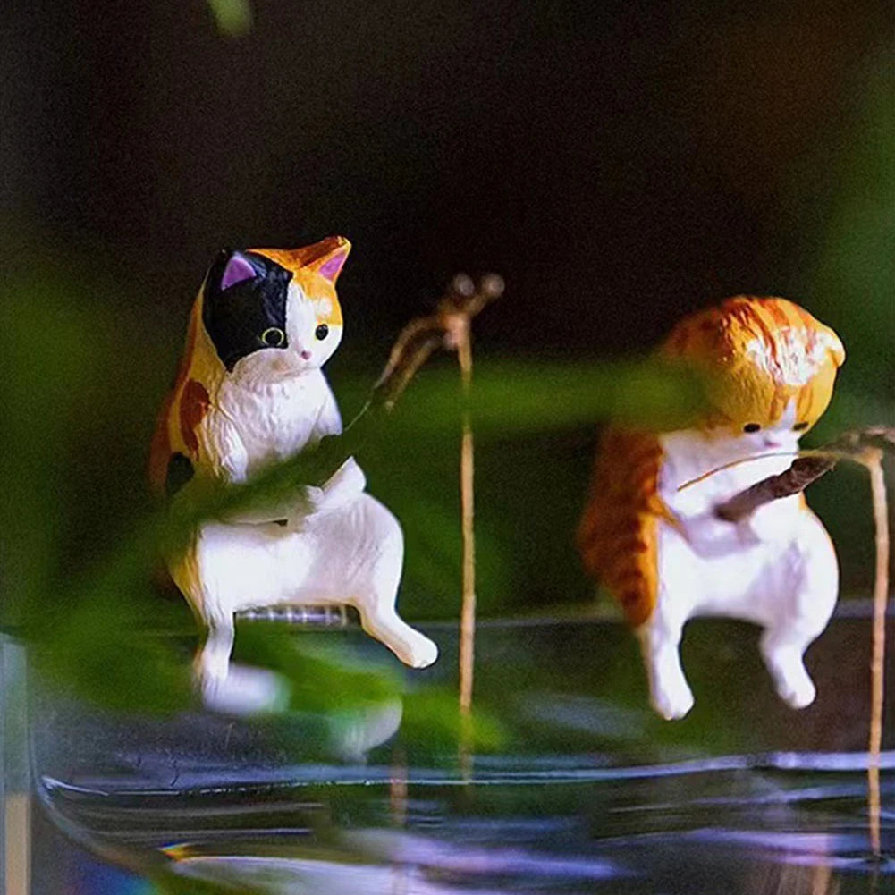 7PCS Cute Fishing Cats Ornament Mini Cat Sitting Figurines Cartoon Fish Landscaping Fish Tank Miniatures Home Decoration Crafts