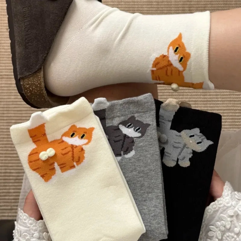 Cute Cat Socks with Balls Funny Cotton Crew Socks Breathable Soft Cotton Sock Girl Women Socks Novelty Gifts for Cat Lovers