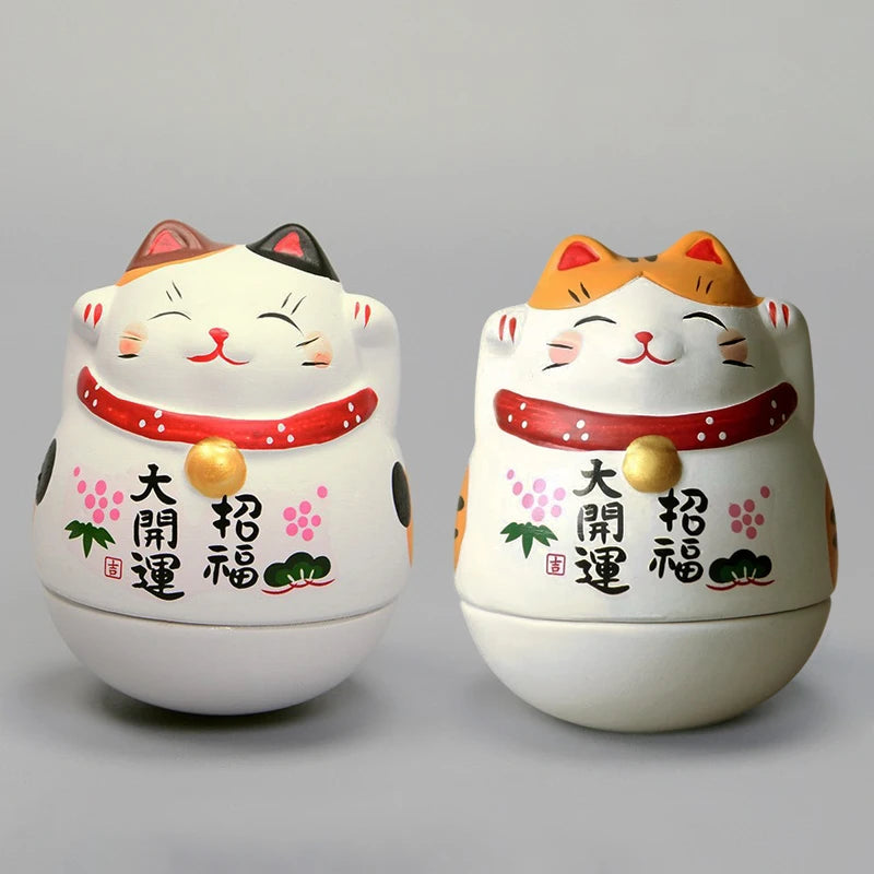 Japanese Ceramic Lucky Cat Tumbler Daruma Crafts Cartoon Lucky Cat Ornaments Landscape Home Decor Fortune Cat Statue Figurines
