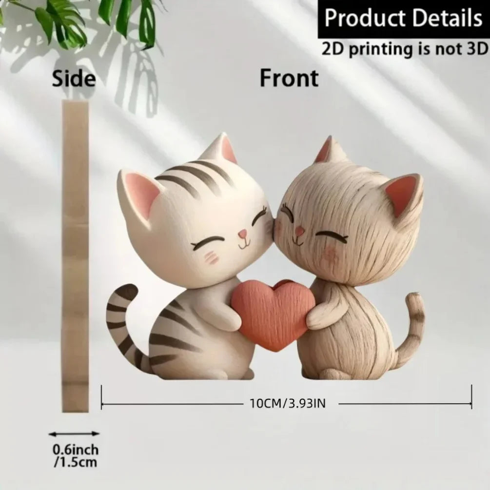 Wooden Kitten Couple Sculpture - 2D Flat Charming Design with Light & Dark Wood Grain, Desktop Entrance Decor for Cat Enthusiast