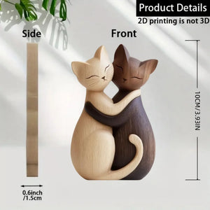 Wooden Kitten Couple Sculpture - 2D Flat Charming Design with Light & Dark Wood Grain, Desktop Entrance Decor for Cat Enthusiast