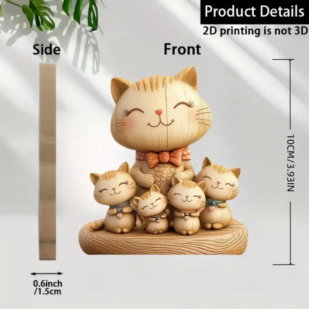 Wooden Kitten Couple Sculpture - 2D Flat Charming Design with Light & Dark Wood Grain, Desktop Entrance Decor for Cat Enthusiast