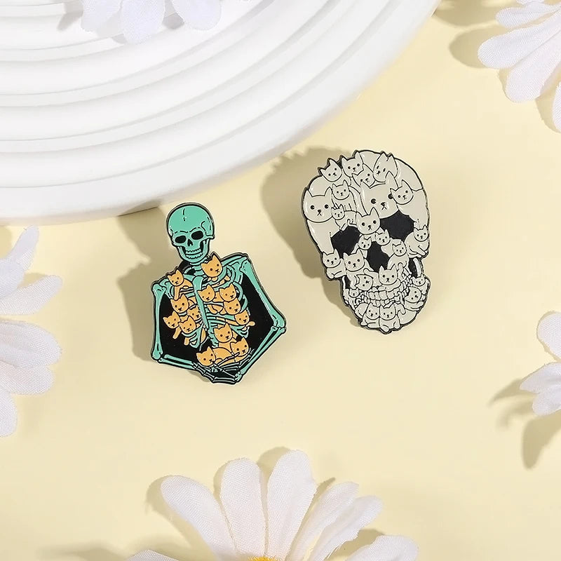 Skeleton Kitten Combination Enamel Pins Halloween Creepy Skull Cats Brooches Backpack Lapel Badge Punk Jewelry Gifts for Friends