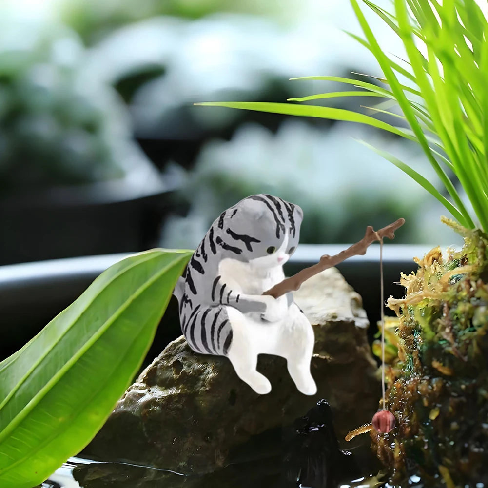 7PCS Cute Fishing Cats Ornament Mini Cat Sitting Figurines Cartoon Fish Landscaping Fish Tank Miniatures Home Decoration Crafts