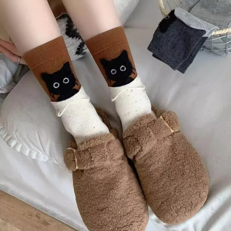 Autumn Winter Peekaboo Cat Cartoon Mid-Calf Socks Kawaii Cute Warm Socks Cotton Home Sleep Sock Soft Comfortable Daily Wear Gift