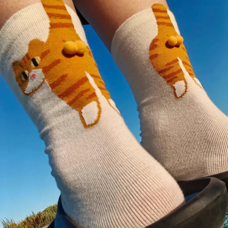 Cute Cat Socks with Balls Funny Cotton Crew Socks Breathable Soft Cotton Sock Girl Women Socks Novelty Gifts for Cat Lovers