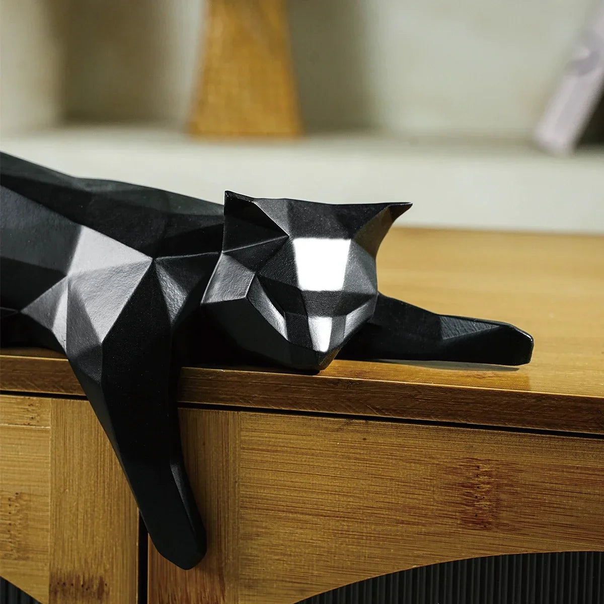 White Black Cat Statue - Geometric Modern Room Decor Figurine Sculpture for Home Office as Table Shelf Desk Decor Lying Cat