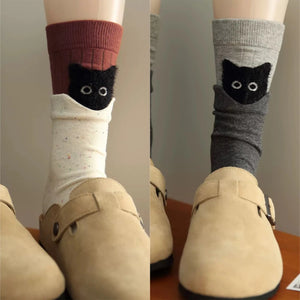 Autumn Winter Peekaboo Cat Cartoon Mid-Calf Socks Kawaii Cute Warm Socks Cotton Home Sleep Sock Soft Comfortable Daily Wear Gift