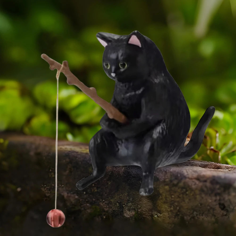 7PCS Cute Fishing Cats Ornament Mini Cat Sitting Figurines Cartoon Fish Landscaping Fish Tank Miniatures Home Decoration Crafts