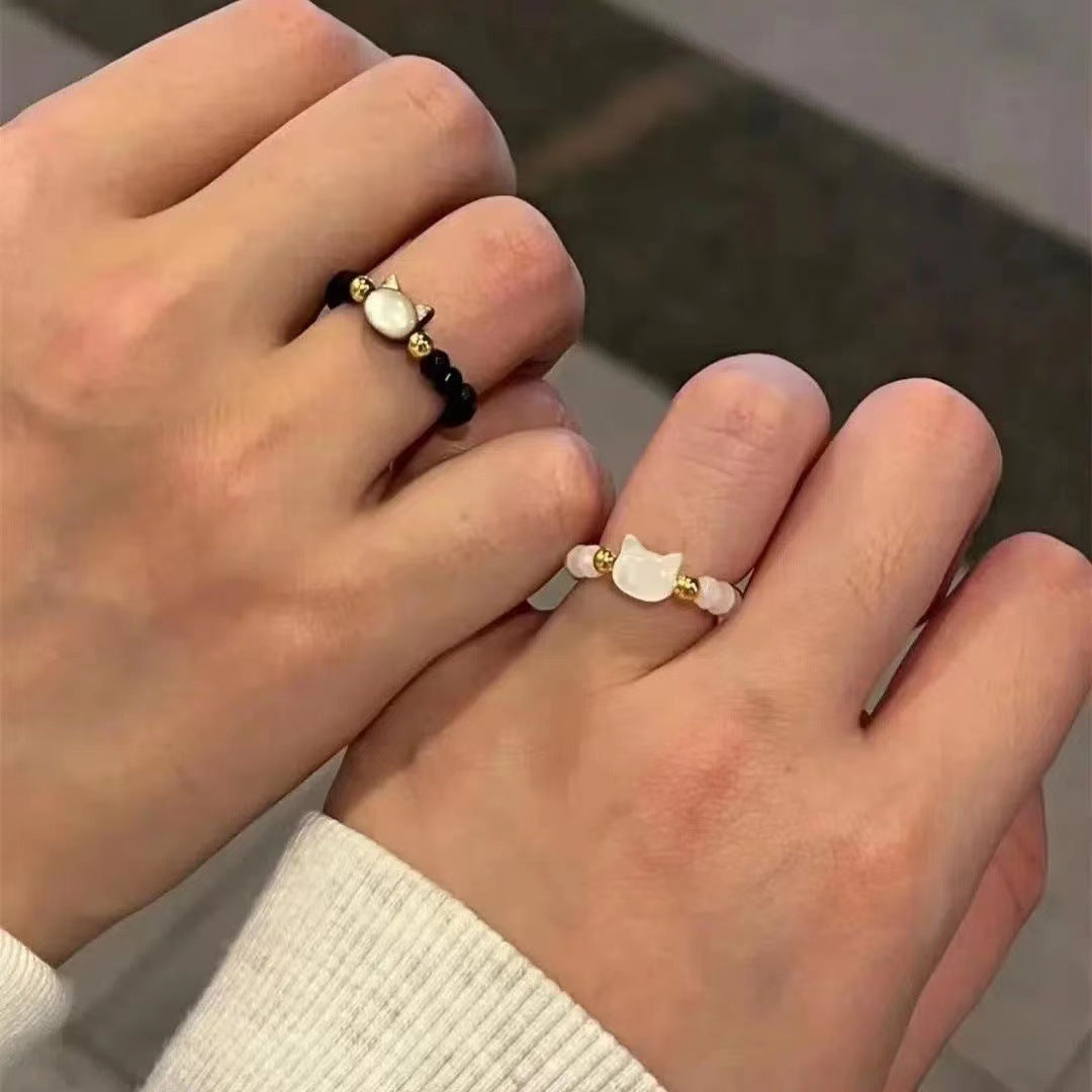 Moonstone & Obsidian Cat Resizable Bead Rings